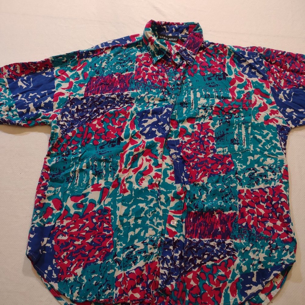 TAKE AWAY VINTAGE PINK TEAL INDIGO GEOMETRIC ABSTACT WOMAN'S TOP L